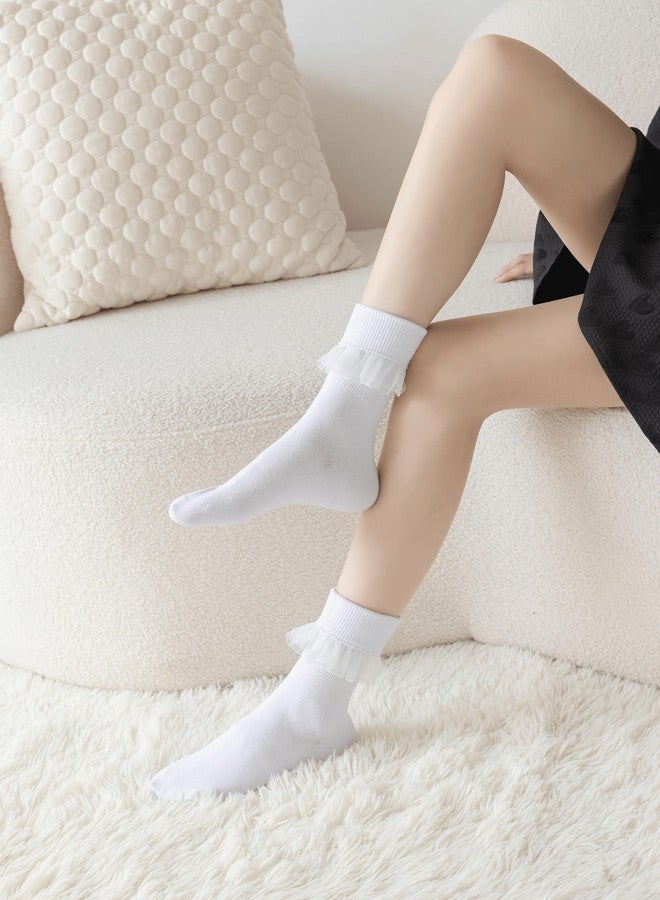 AMHRLINGTO Lace Ruffle Frilly Socks for Women - Fashion Cotton Princess Socks Dress Socks (White-1 Pairs) - Image 3